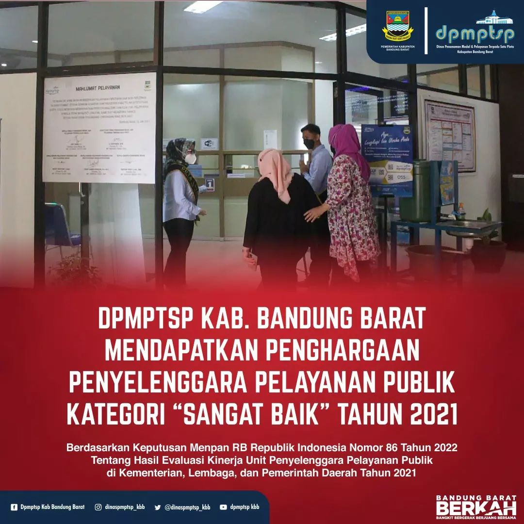 DPMPTSP Kab. Bandung Barat mendapatkan penghargaan penyelenggara pelayanan publik kategori "Sangat Baik" Tahun 2021 dari KemenPAN-RB