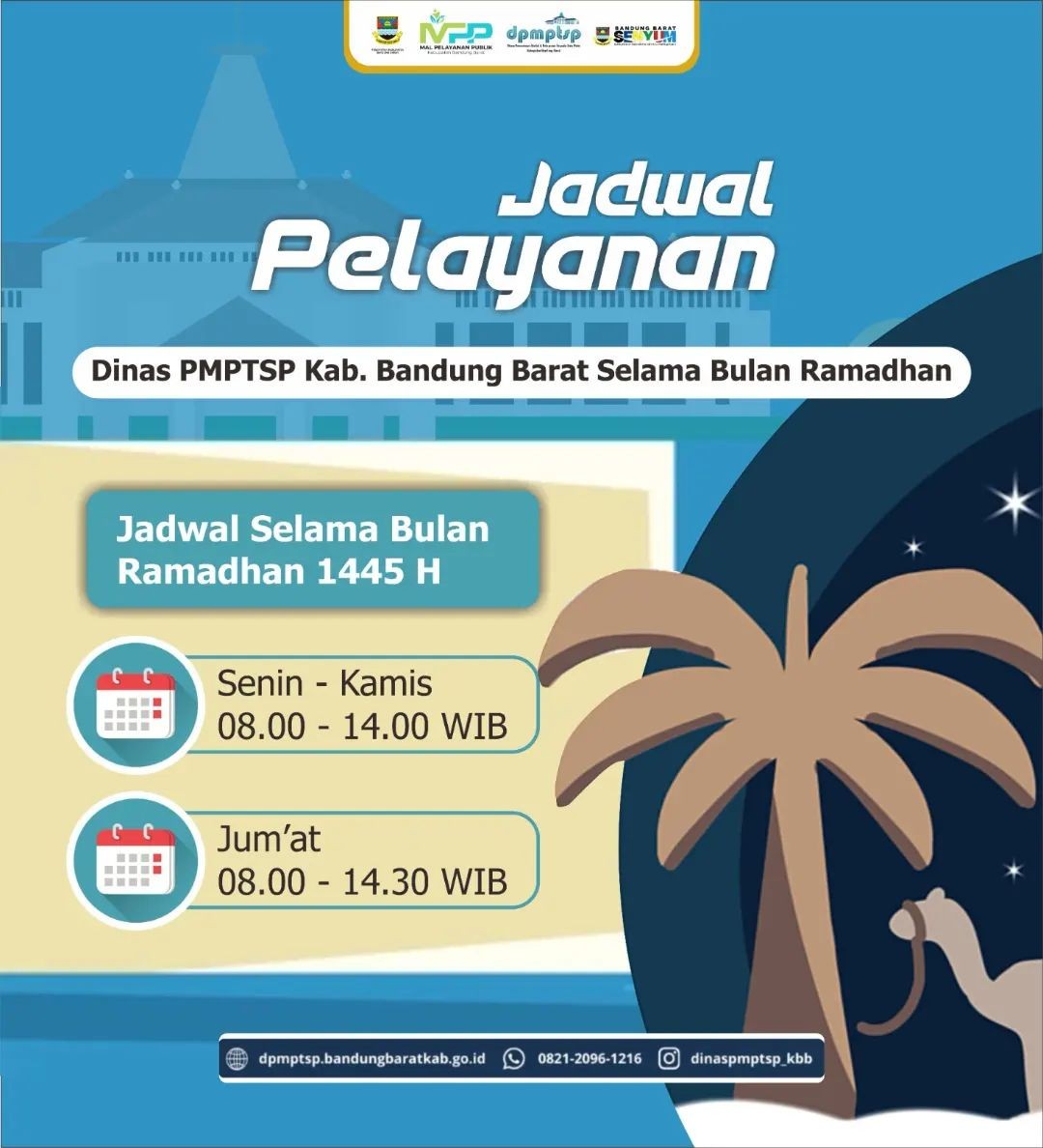 >Jadwal pelayanan Dinas Penanaman Modal dan Pelayanan Terpadu Satu Pintu Kabupaten Bandung Barat selama bulan Ramadhan 1445H