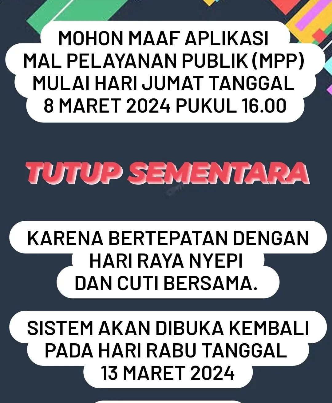 >Menginformasikan mulai tanggal 8 Maret 2024 pukul 16.00 WIB bahwa Pengajuan Permohonan Perizinan dan Non-Perizinan melalui Aplikasi Mal Pelayanan Publik (MPP) Kabupaten Bandung Barat 