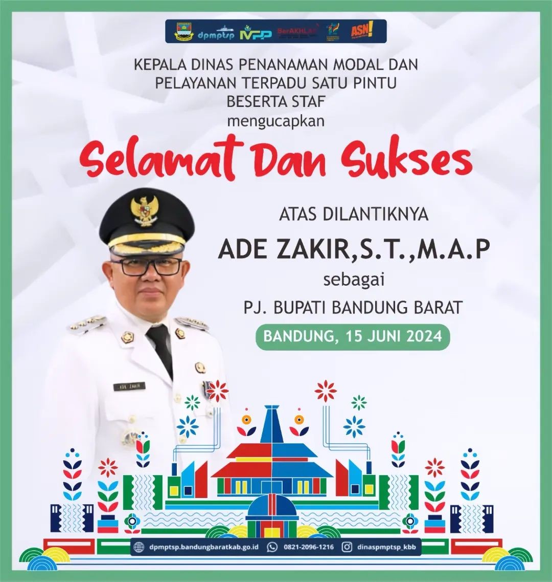>Segenap Pimpinan dan Pegawai Dinas Penanaman Modal dan Pelayanan Terpadu Satu Pintu Kabupaten Bandung Barat mengucapkan selamat dan sukses atas dilantiknya Bapak Ade Zakir Hasim, S.T., M.A.P. sebagai Penjabat Bupati Bandung Barat.