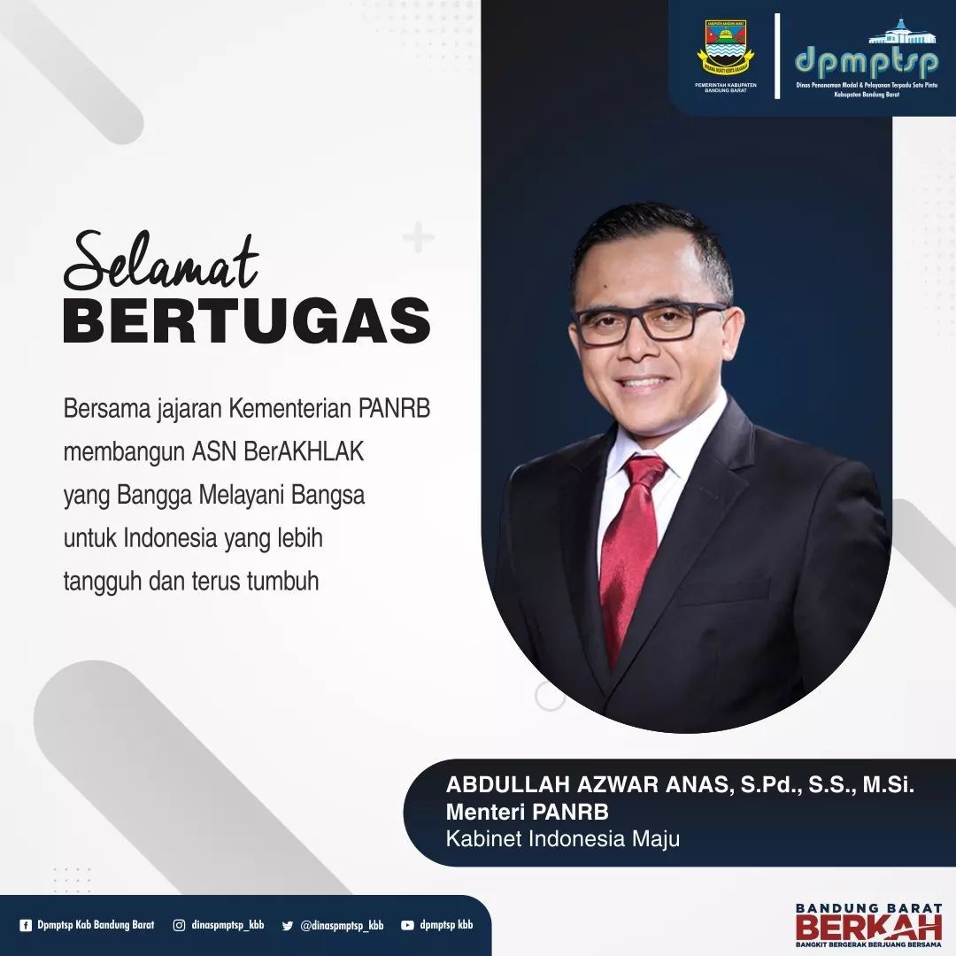 >Keluarga Besar Dinas PMPTSP Kabupaten Bandung Barat mengucapkan Selamat Bertugas kepada Menteri PANRB baru